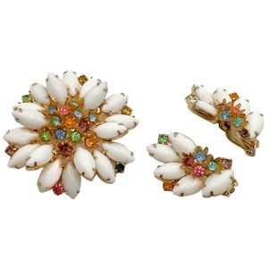 D&E Juliana White Milk Glass Navette Pastel Rhinestone Floral Brooch Earring Set